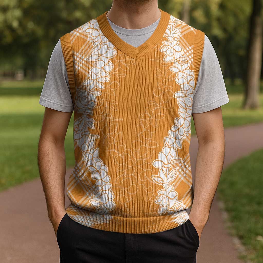 Hawaii Aloha Plumeria Lei Orange Palaka Christmas Knitted V-Neck Vest - Polynesian Pride