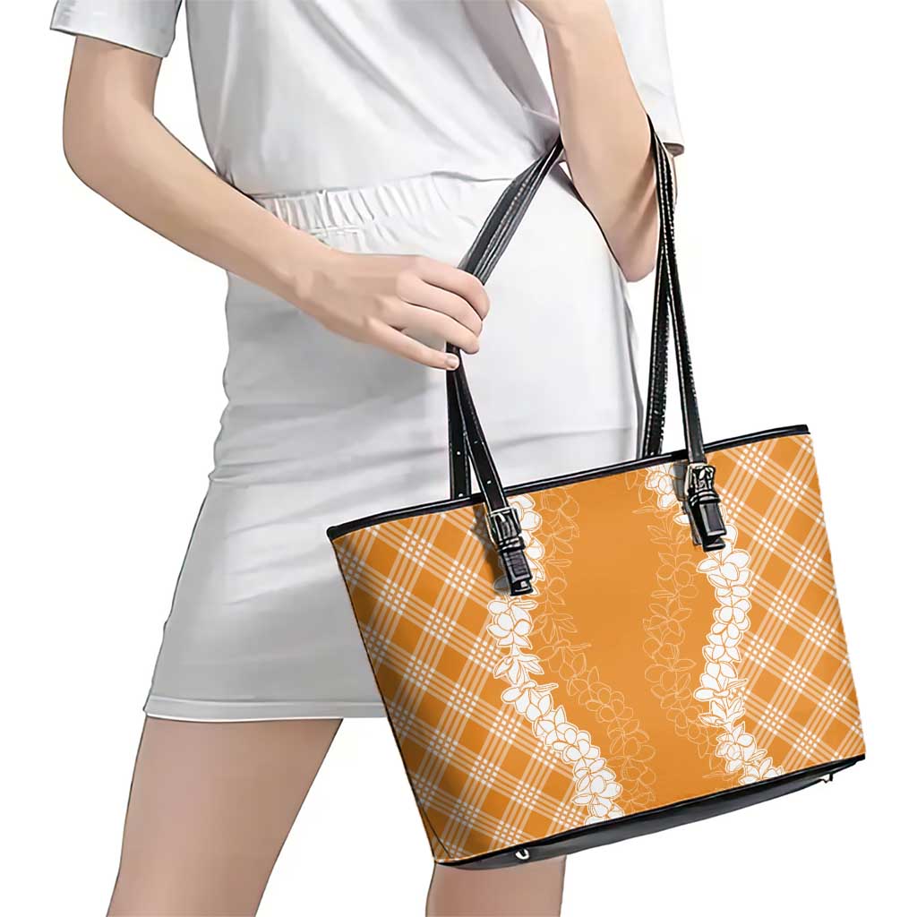 Hawaii Aloha Plumeria Lei Orange Palaka Leather Tote Bag - Polynesian Pride