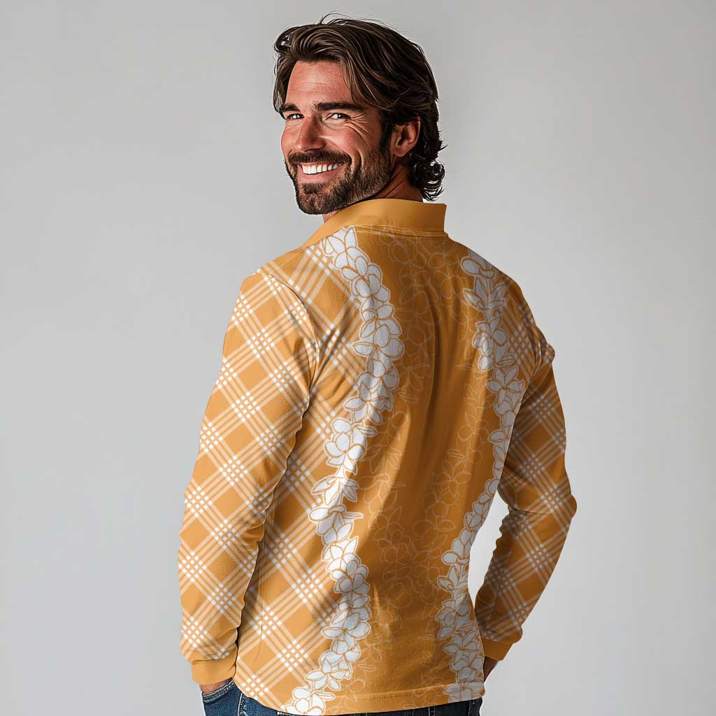 Hawaii Aloha Plumeria Lei Orange Palaka Long Sleeve Polo Shirt - Polynesian Pride