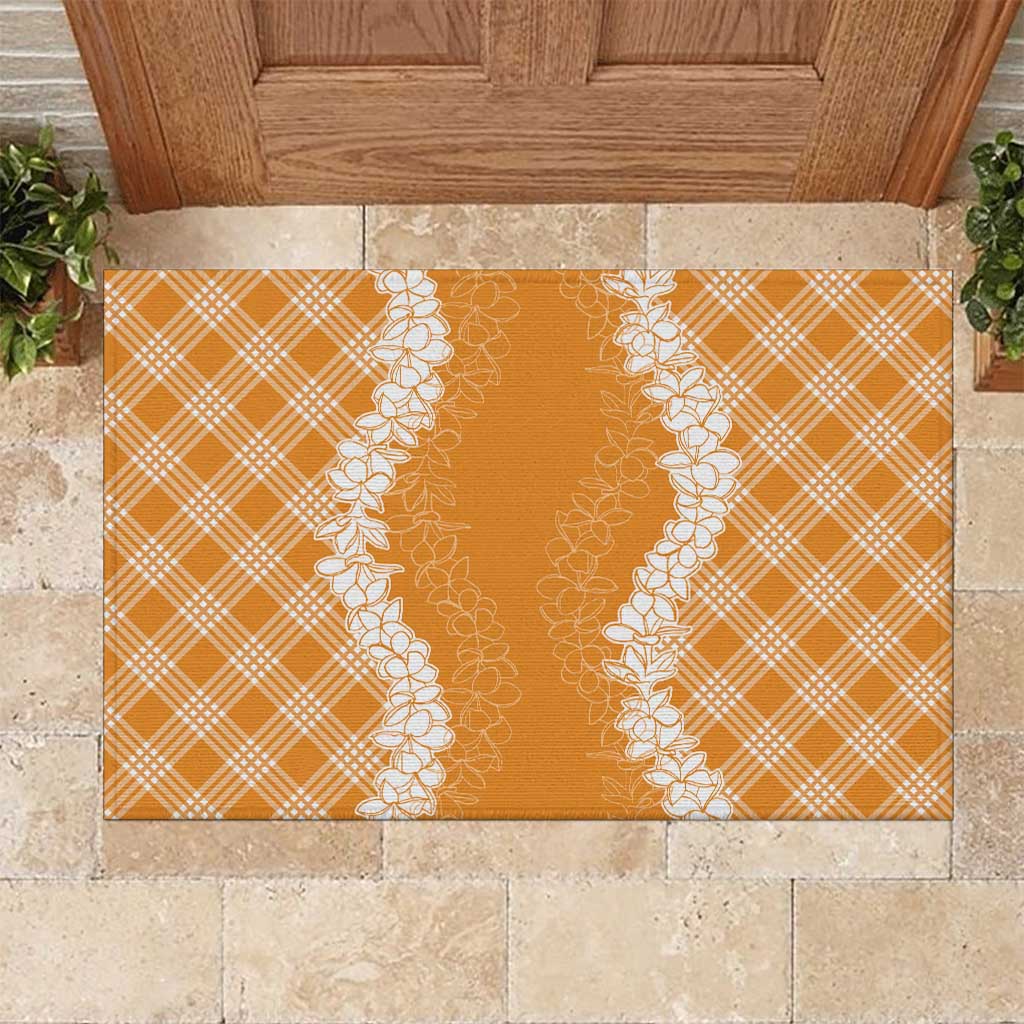 Hawaii Aloha Plumeria Lei Orange Palaka Rubber Doormat - Polynesian Pride
