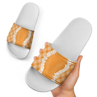 Hawaii Aloha Plumeria Lei Orange Palaka Slide Sandals - Polynesian Pride