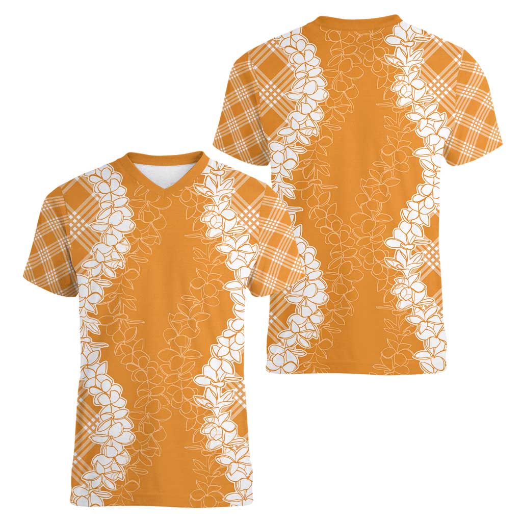 Hawaii Aloha Plumeria Lei Orange Palaka Women V-Neck T-Shirt - Polynesian Pride