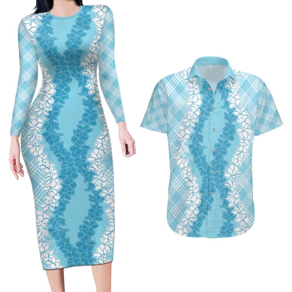 Hawaii Aloha Plumeria Lei Turquoise Palaka Couples Matching Long Sleeve Bodycon Dress and Hawaiian Shirt - Polynesian Pride