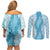 Hawaii Aloha Plumeria Lei Turquoise Palaka Couples Matching Off Shoulder Short Dress and Long Sleeve Button Shirt - Polynesian Pride