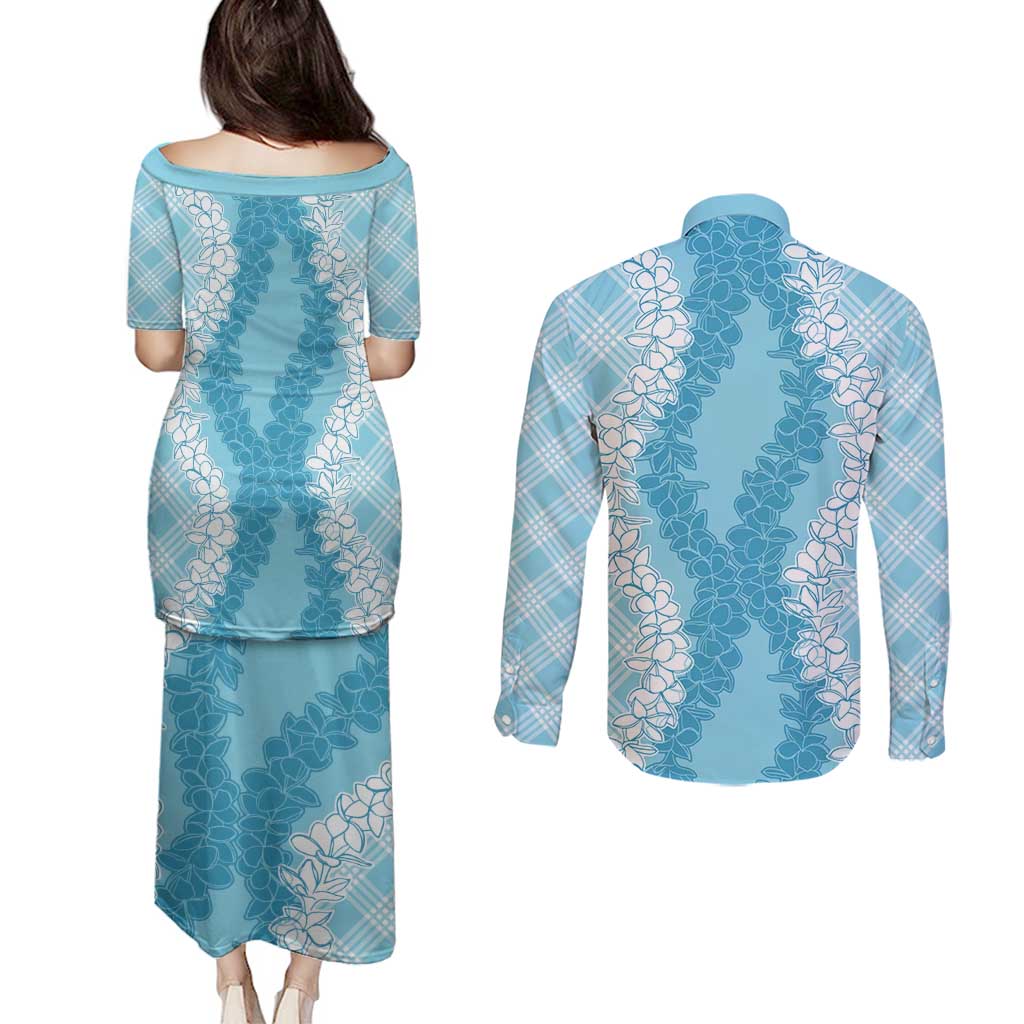 Hawaii Aloha Plumeria Lei Turquoise Palaka Couples Matching Puletasi and Long Sleeve Button Shirt LT7 - Polynesian Pride