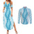 Hawaii Aloha Plumeria Lei Turquoise Palaka Couples Matching Summer Maxi Dress and Long Sleeve Button Shirt - Polynesian Pride