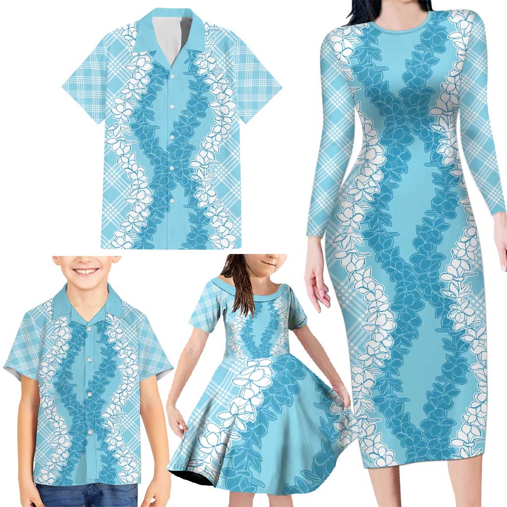 Hawaii Aloha Plumeria Lei Turquoise Palaka Family Matching Long Sleeve Bodycon Dress and Hawaiian Shirt - Polynesian Pride