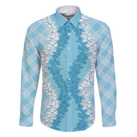 Hawaii Aloha Plumeria Lei Turquoise Palaka Family Matching Off The Shoulder Long Sleeve Dress and Hawaiian Shirt - Polynesian Pride