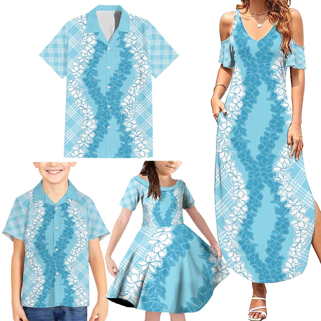 Hawaii Aloha Plumeria Lei Turquoise Palaka Family Matching Summer Maxi Dress and Hawaiian Shirt - Polynesian Pride