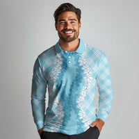 Hawaii Aloha Plumeria Lei Turquoise Palaka Long Sleeve Polo Shirt - Polynesian Pride