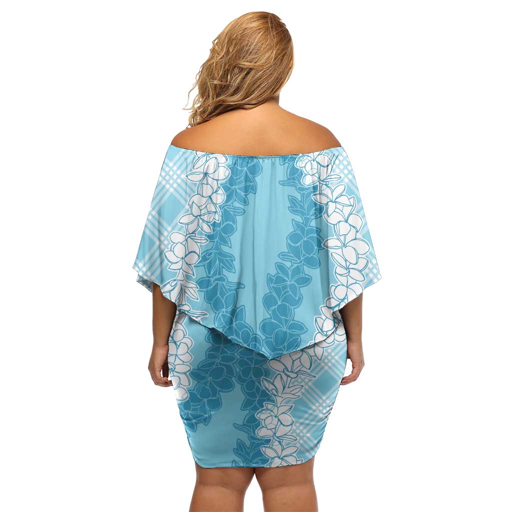 Hawaii Aloha Plumeria Lei Turquoise Palaka Off Shoulder Short Dress - Polynesian Pride