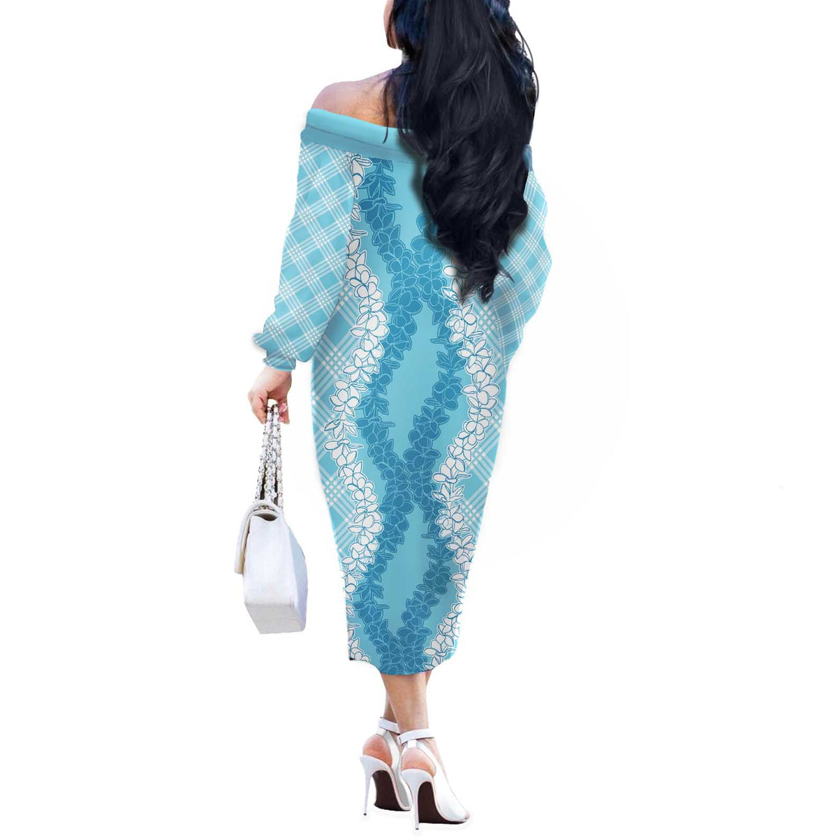 Hawaii Aloha Plumeria Lei Turquoise Palaka Off The Shoulder Long Sleeve Dress - Polynesian Pride