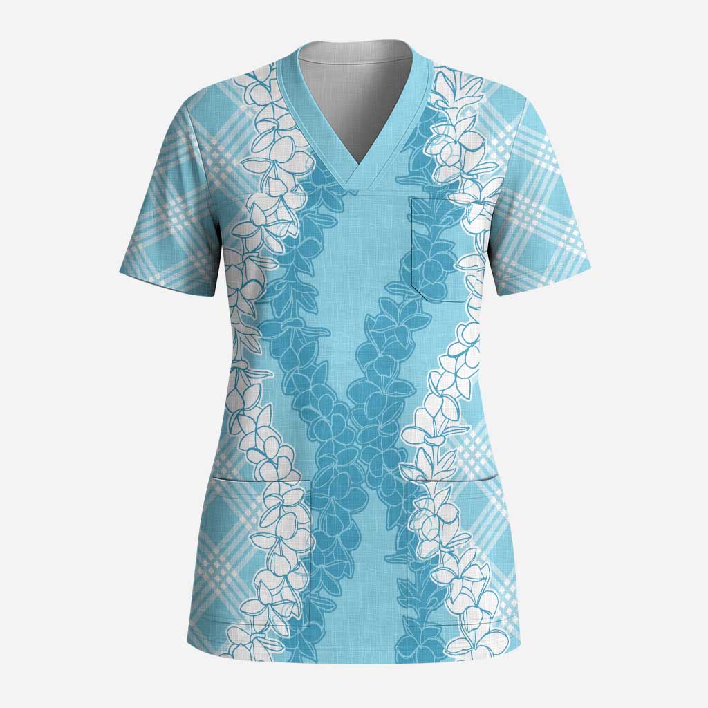 Hawaii Aloha Plumeria Lei Turquoise Palaka Scrub Top - Polynesian Pride