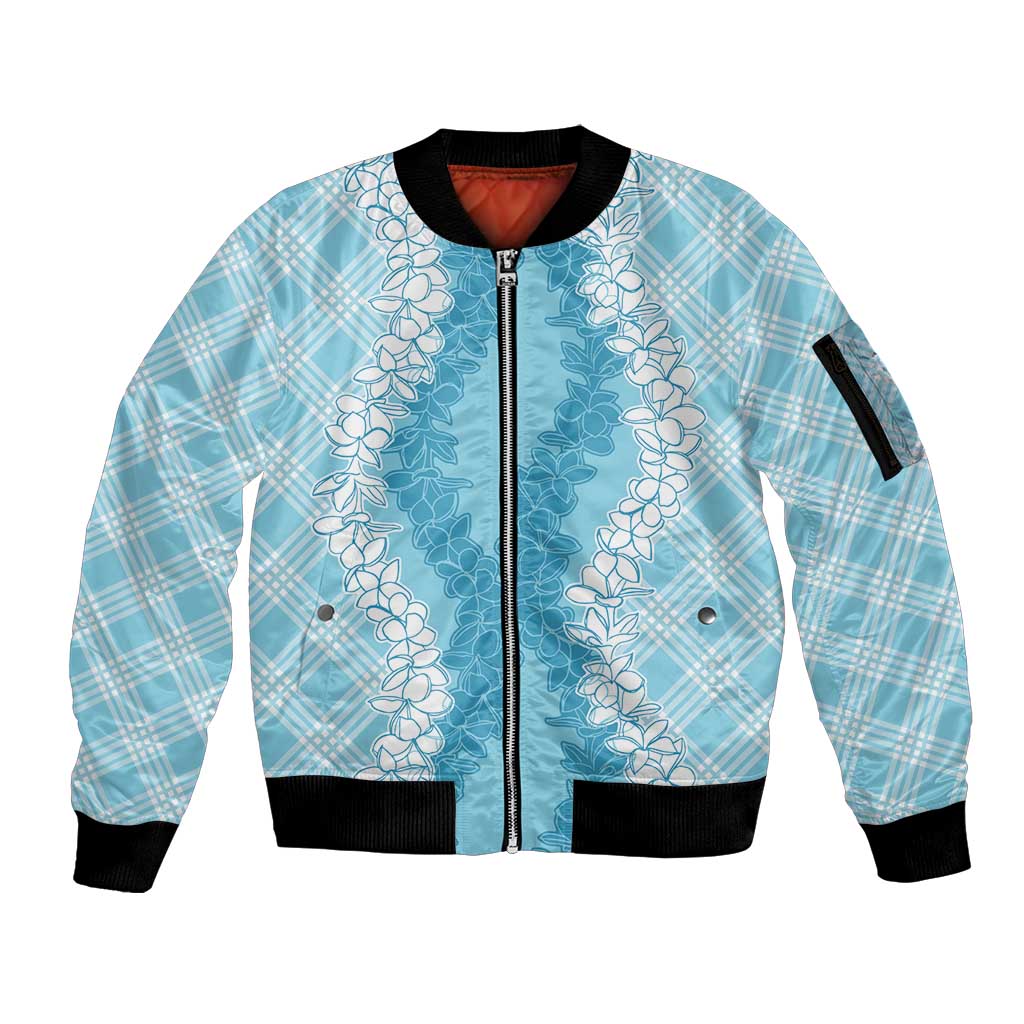 Hawaii Aloha Plumeria Lei Turquoise Palaka Sleeve Zip Bomber Jacket - Polynesian Pride