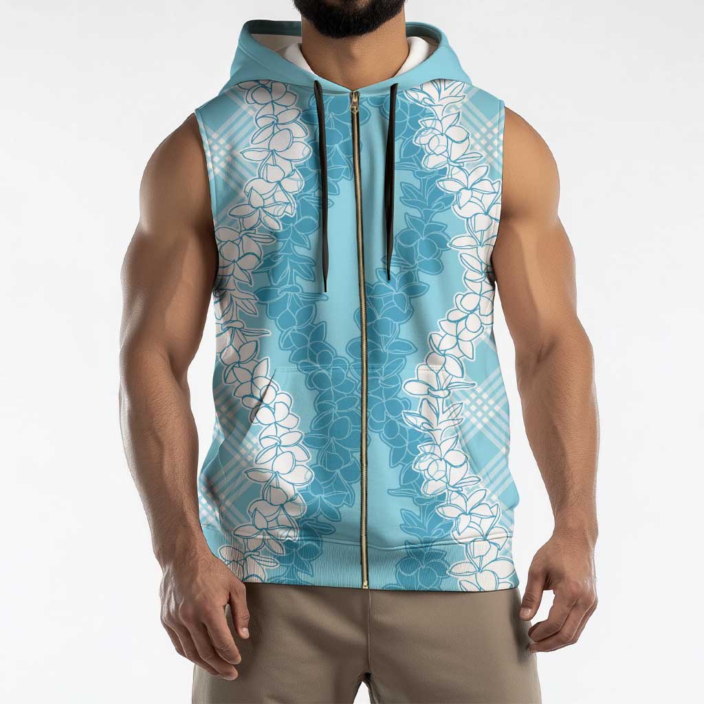 Hawaii Aloha Plumeria Lei Turquoise Palaka Sleeveless Zip Hoodie - Polynesian Pride