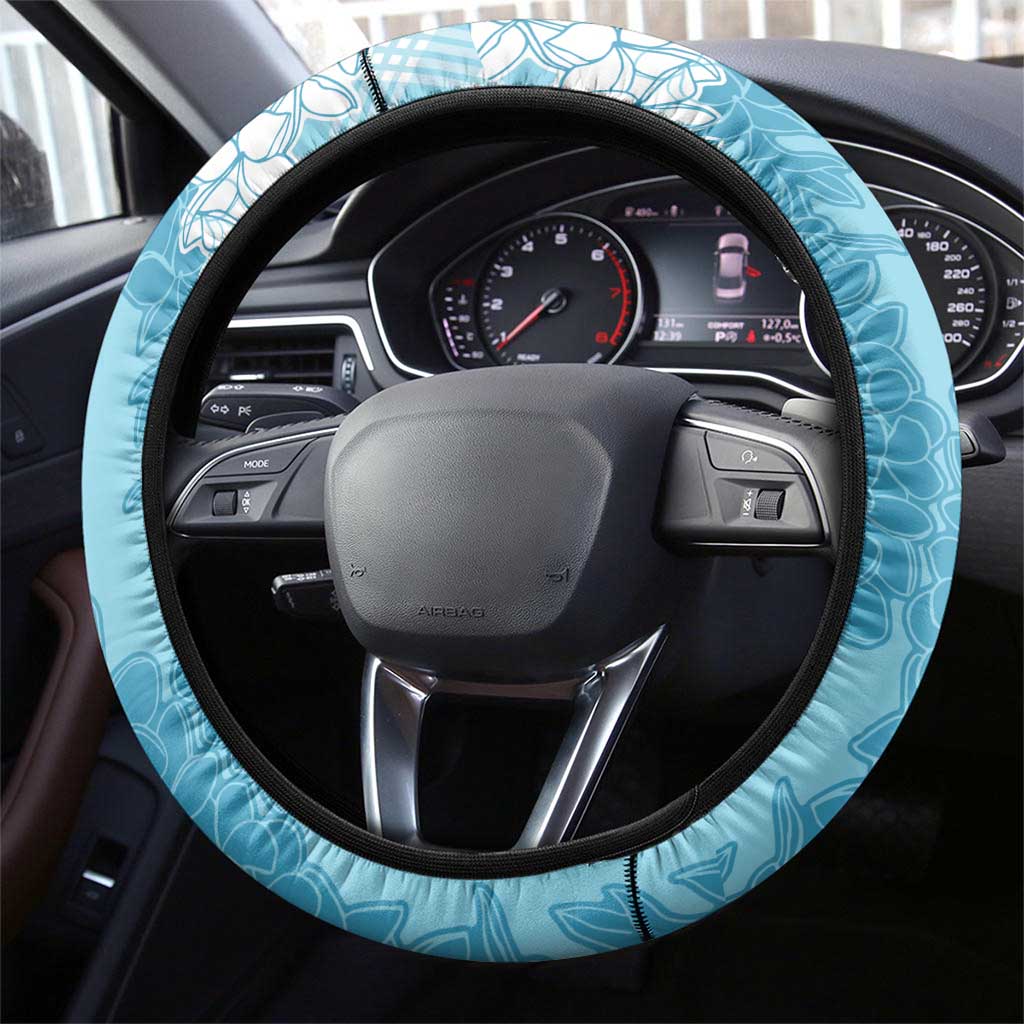 Hawaii Aloha Plumeria Lei Turquoise Palaka Steering Wheel Cover - Polynesian Pride
