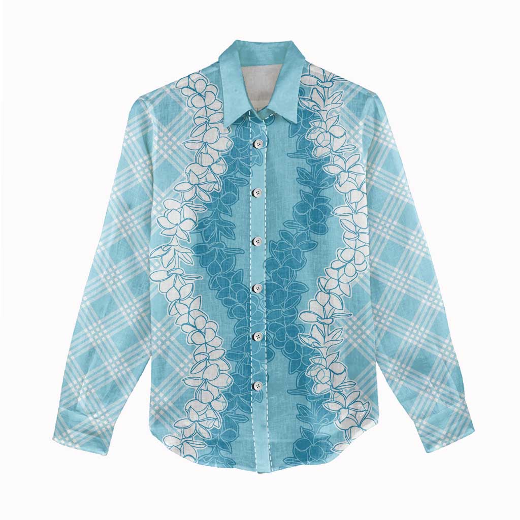 Hawaii Aloha Plumeria Lei Turquoise Palaka Women Casual Shirt - Polynesian Pride