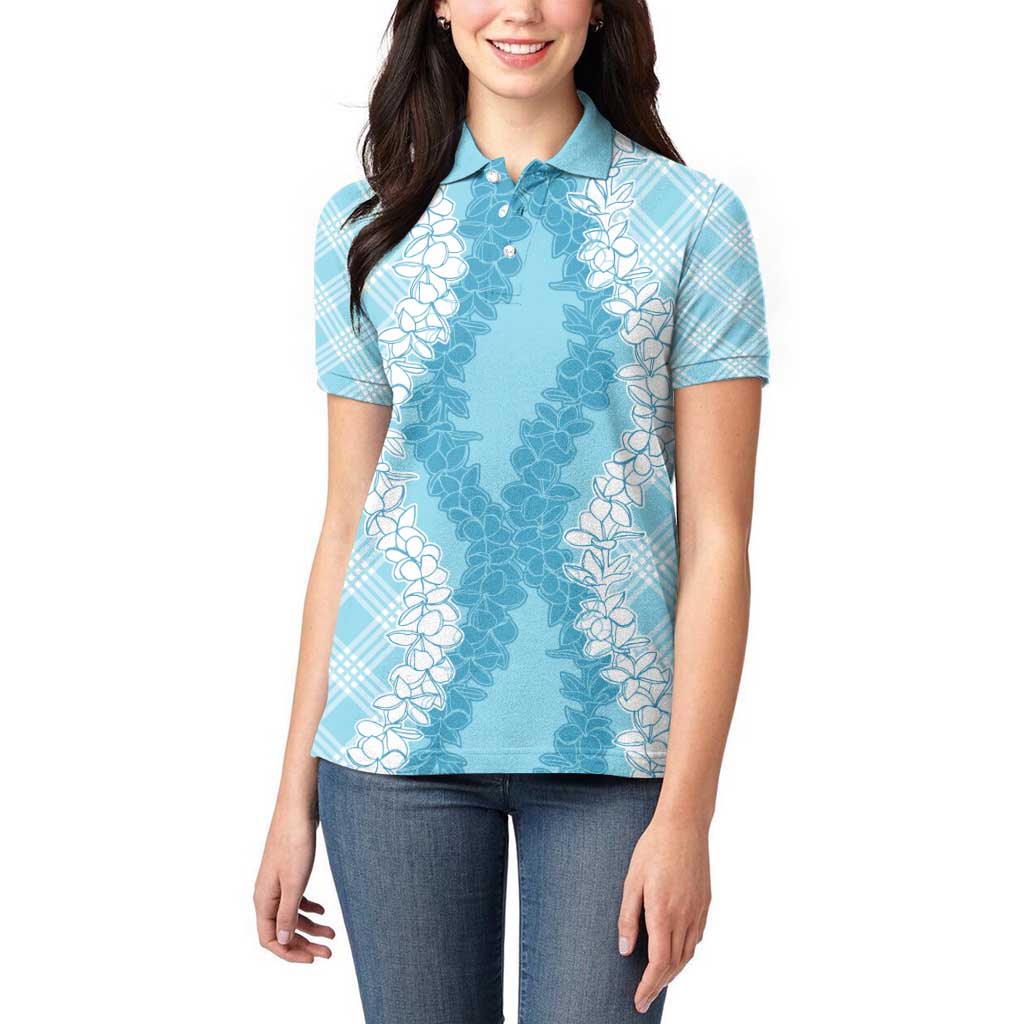 Hawaii Aloha Plumeria Lei Turquoise Palaka Women Polo Shirt - Polynesian Pride