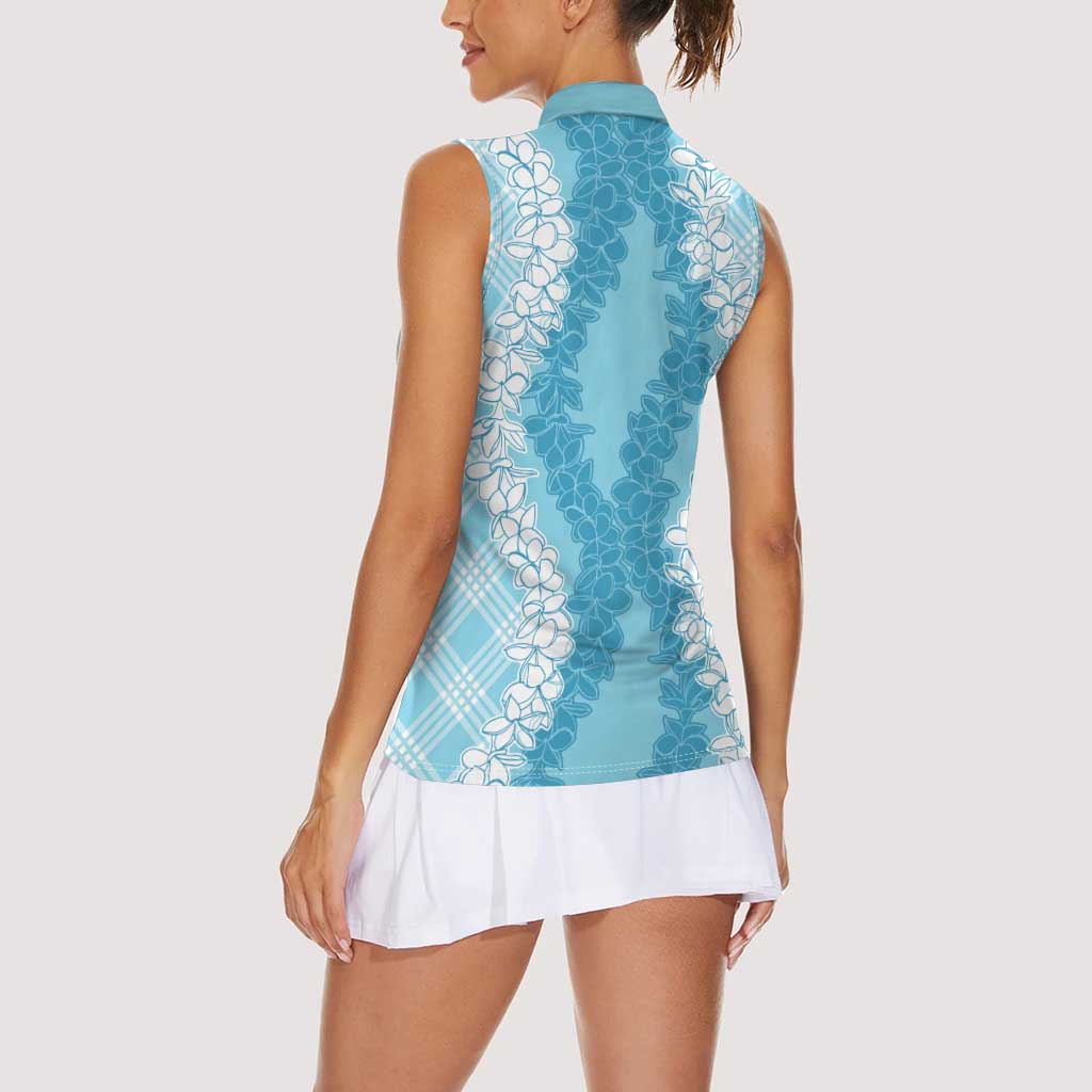 Hawaii Aloha Plumeria Lei Turquoise Palaka Women Sleeveless Polo Shirt - Polynesian Pride