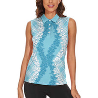 Hawaii Aloha Plumeria Lei Turquoise Palaka Women Sleeveless Polo Shirt - Polynesian Pride