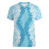 Hawaii Aloha Plumeria Lei Turquoise Palaka Women V-Neck T-Shirt LT7 Female Turquoise - Polynesian Pride