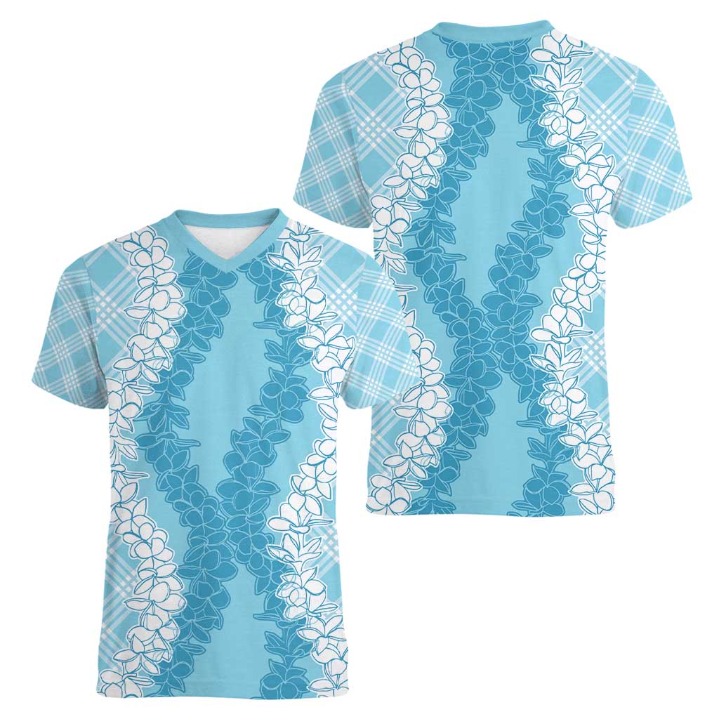 Hawaii Aloha Plumeria Lei Turquoise Palaka Women V-Neck T-Shirt LT7 - Polynesian Pride