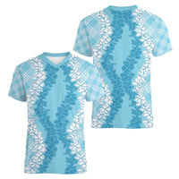 Hawaii Aloha Plumeria Lei Turquoise Palaka Women V-Neck T-Shirt LT7 - Polynesian Pride