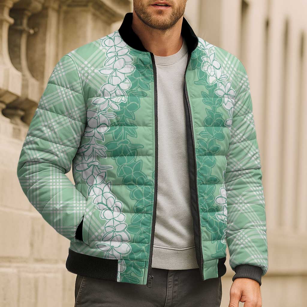 Hawaii Aloha Plumeria Lei Mint Palaka Bomber Puffer Jacket LT7 - Polynesian Pride