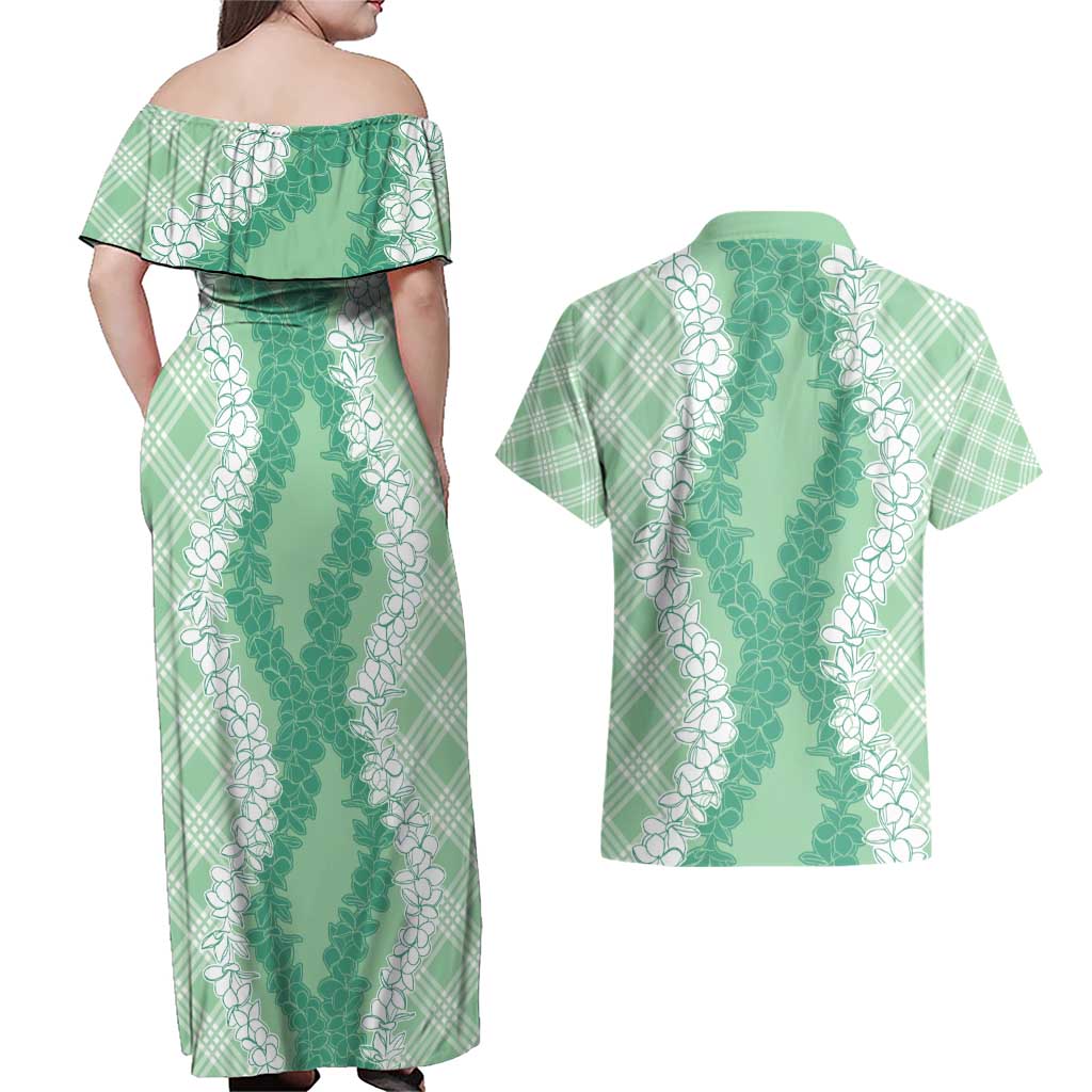 Hawaii Aloha Plumeria Lei Mint Palaka Couples Matching Off Shoulder Maxi Dress and Hawaiian Shirt - Polynesian Pride