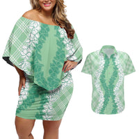 Hawaii Aloha Plumeria Lei Mint Palaka Couples Matching Off Shoulder Short Dress and Hawaiian Shirt - Polynesian Pride