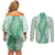 Hawaii Aloha Plumeria Lei Mint Palaka Couples Matching Off Shoulder Short Dress and Long Sleeve Button Shirt - Polynesian Pride