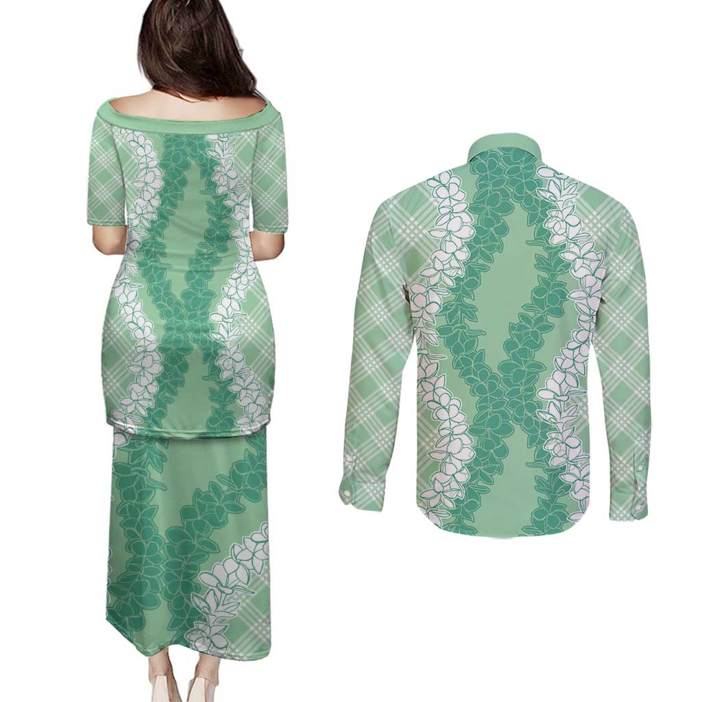 Hawaii Aloha Plumeria Lei Mint Palaka Couples Matching Puletasi and Long Sleeve Button Shirt LT7 - Polynesian Pride