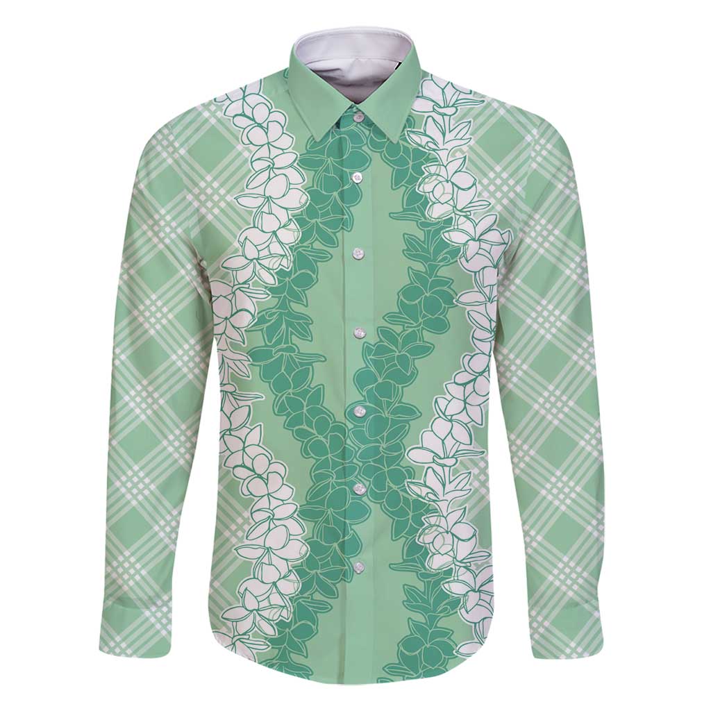 Hawaii Aloha Plumeria Lei Mint Palaka Family Matching Long Sleeve Bodycon Dress and Hawaiian Shirt - Polynesian Pride