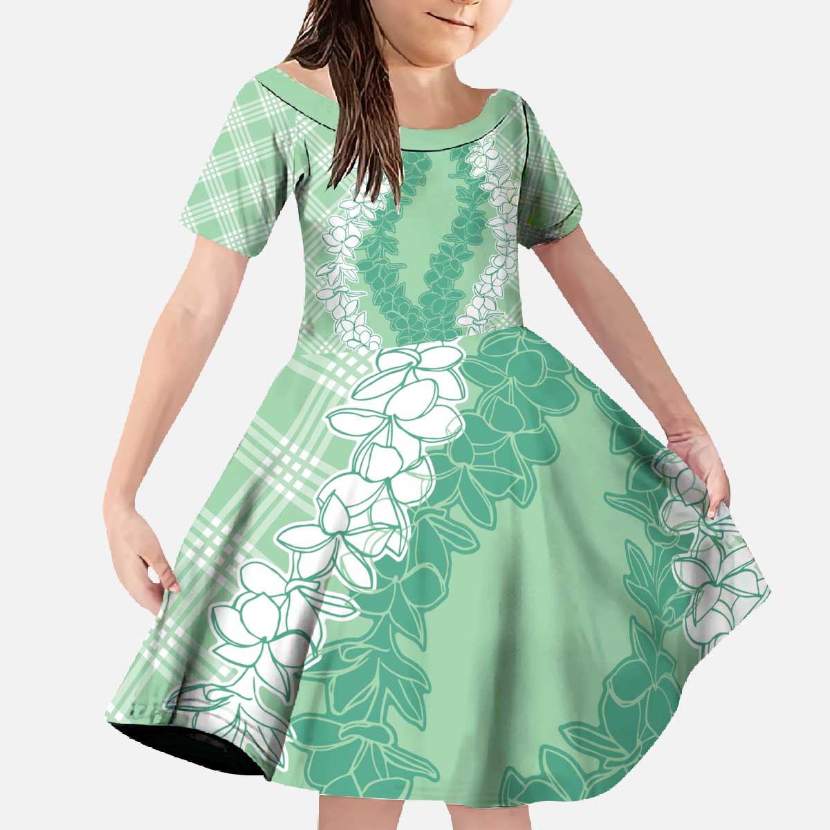 Hawaii Aloha Plumeria Lei Mint Palaka Family Matching Off The Shoulder Long Sleeve Dress and Hawaiian Shirt - Polynesian Pride