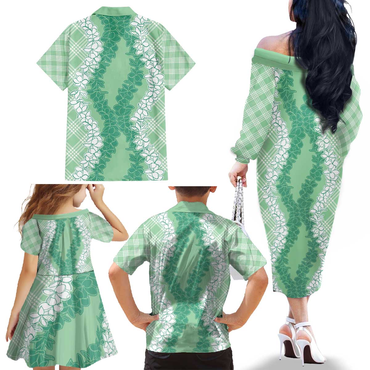 Hawaii Aloha Plumeria Lei Mint Palaka Family Matching Off The Shoulder Long Sleeve Dress and Hawaiian Shirt - Polynesian Pride