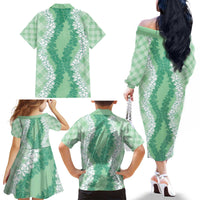 Hawaii Aloha Plumeria Lei Mint Palaka Family Matching Off The Shoulder Long Sleeve Dress and Hawaiian Shirt - Polynesian Pride