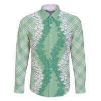 Hawaii Aloha Plumeria Lei Mint Palaka Family Matching Off The Shoulder Long Sleeve Dress and Hawaiian Shirt - Polynesian Pride