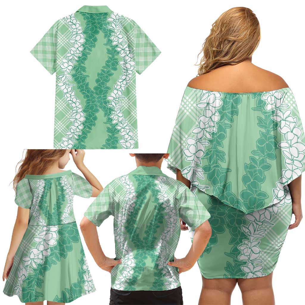 Hawaii Aloha Plumeria Lei Mint Palaka Family Matching Off Shoulder Short Dress and Hawaiian Shirt - Polynesian Pride