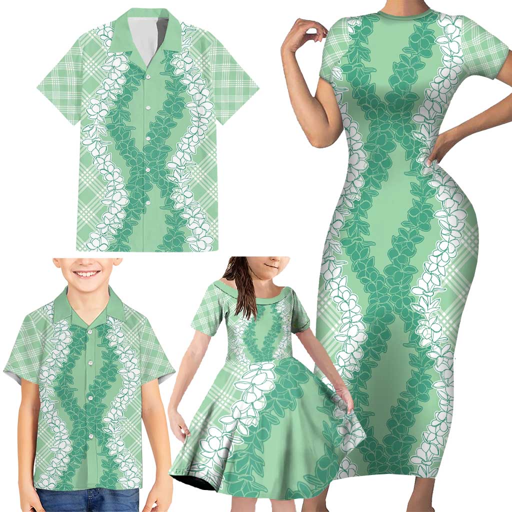 Hawaii Aloha Plumeria Lei Mint Palaka Family Matching Short Sleeve Bodycon Dress and Hawaiian Shirt - Polynesian Pride