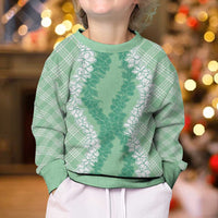 Hawaii Aloha Plumeria Lei Mint Palaka Kid Ugly Christmas Sweater - Polynesian Pride