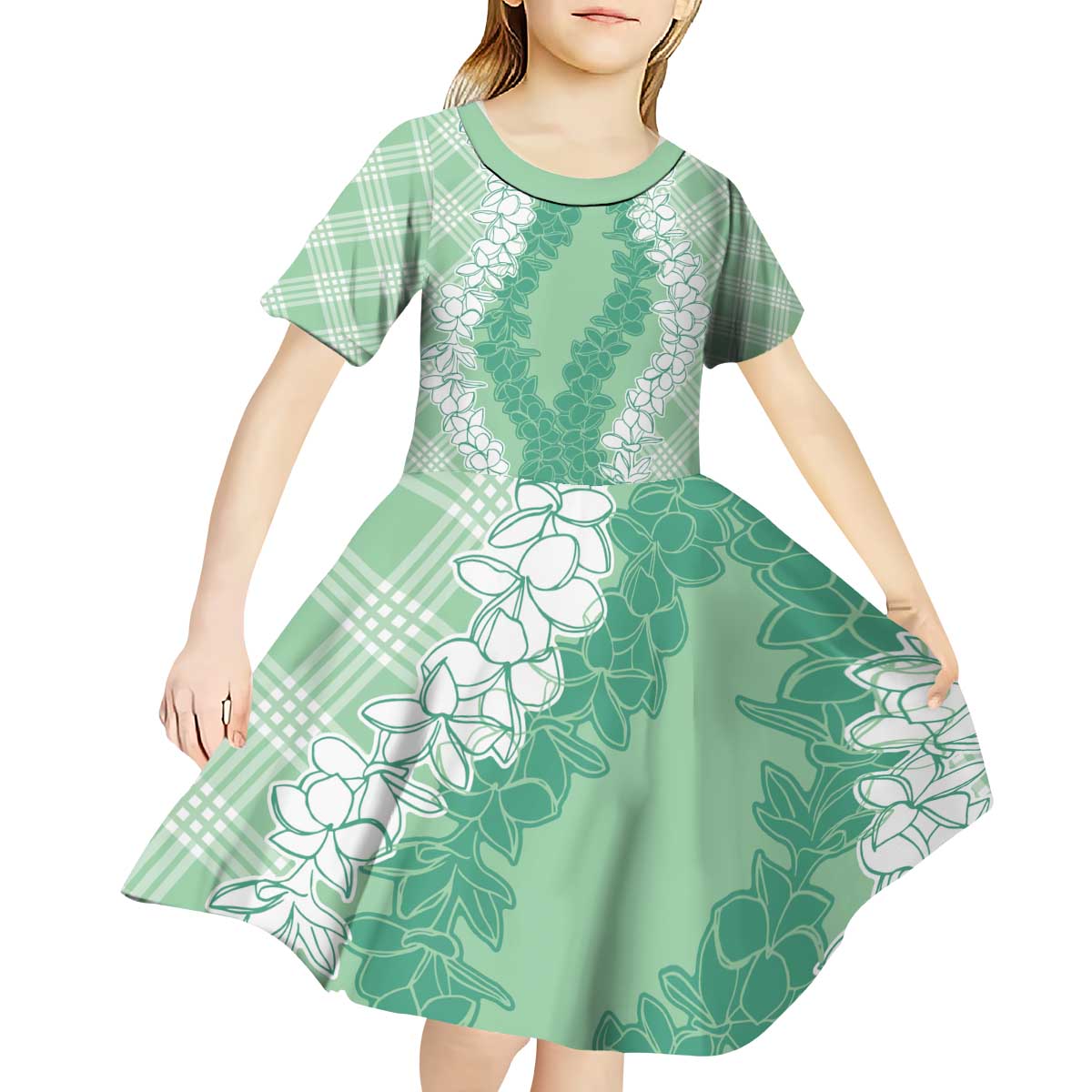 Hawaii Aloha Plumeria Lei Mint Palaka Kid Short Sleeve Dress - Polynesian Pride