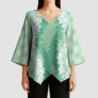 Hawaii Aloha Plumeria Lei Mint Palaka Kimono Sleeve Blouse - Polynesian Pride