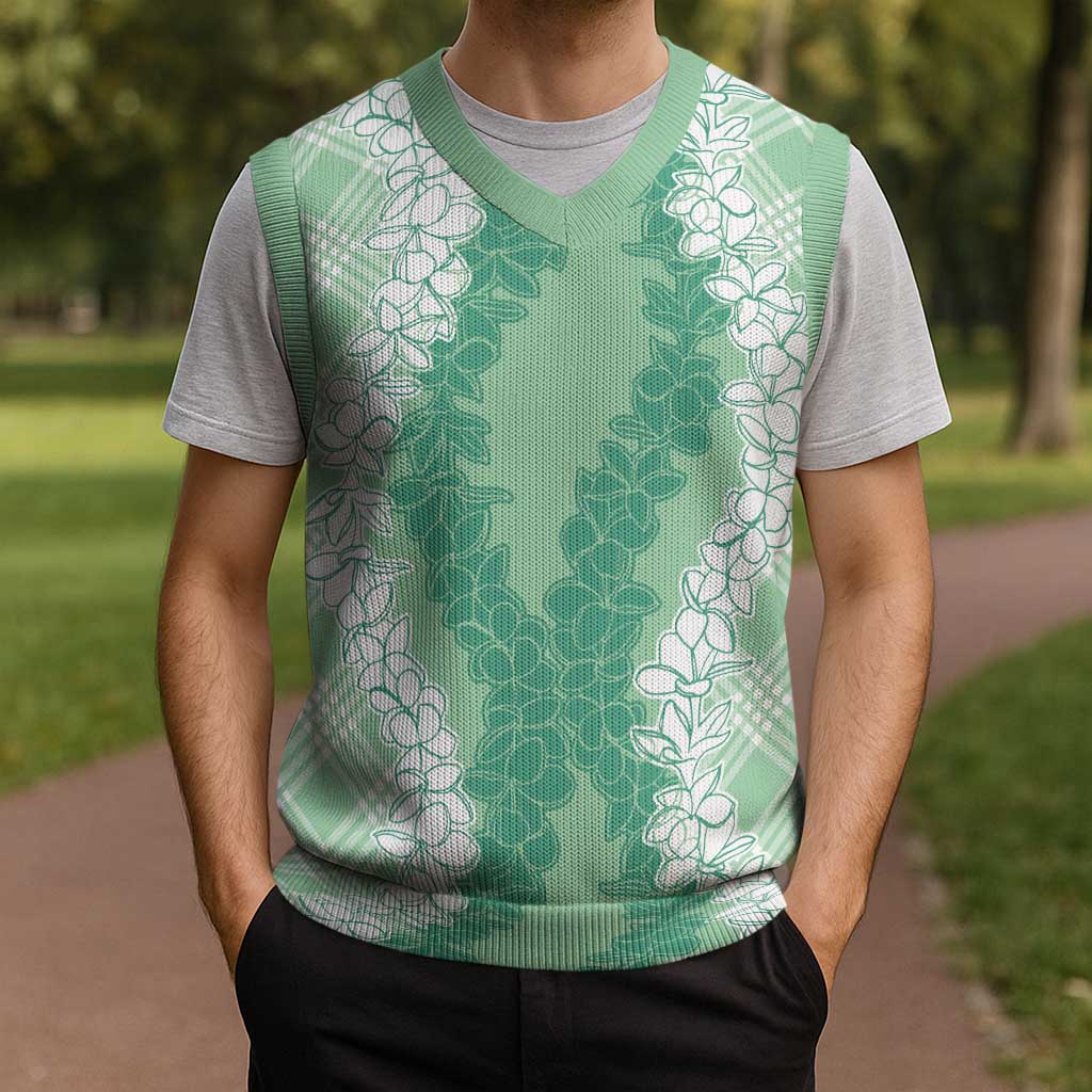 Hawaii Aloha Plumeria Lei Mint Palaka Christmas Knitted V-Neck Vest - Polynesian Pride