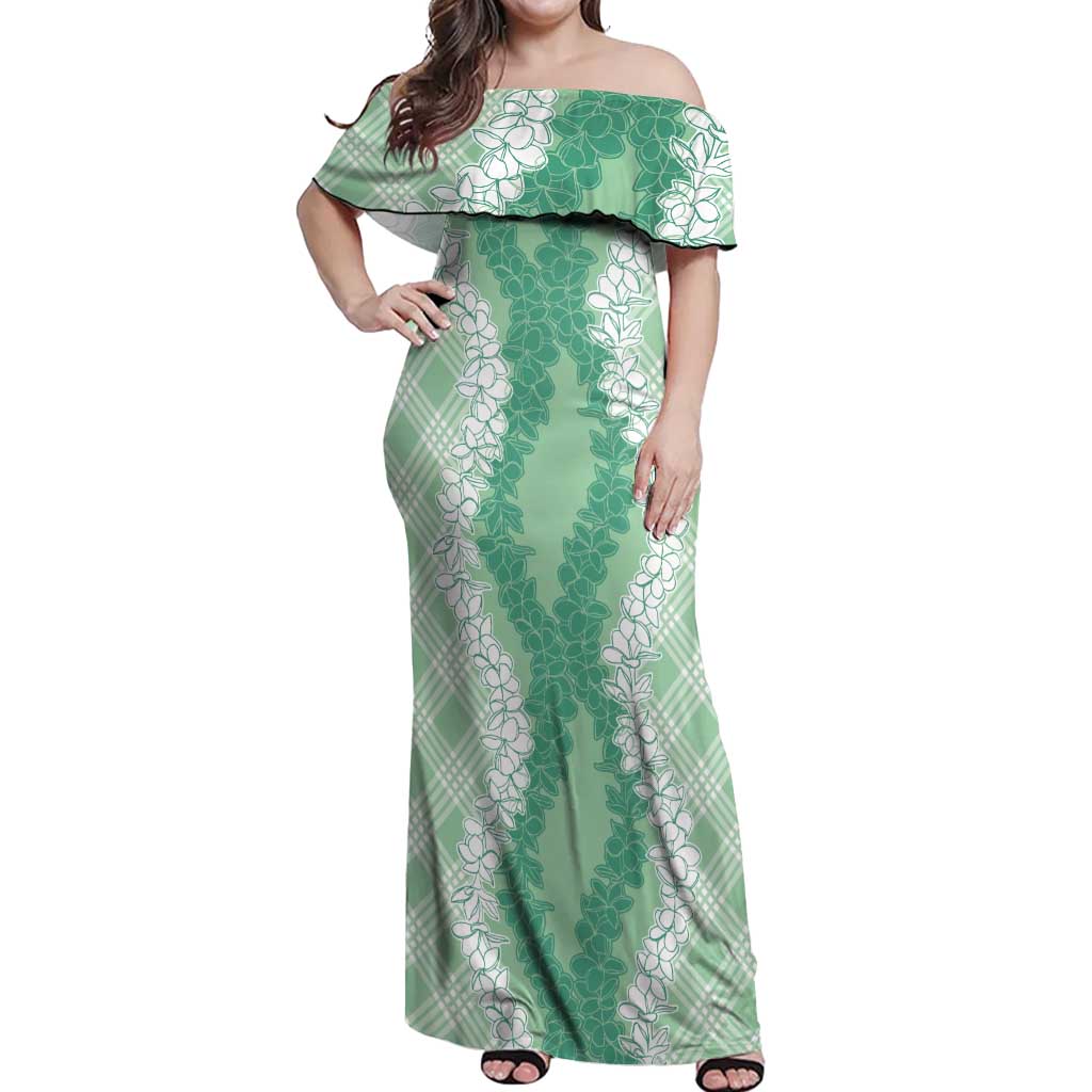 Hawaii Aloha Plumeria Lei Mint Palaka Off Shoulder Maxi Dress - Polynesian Pride