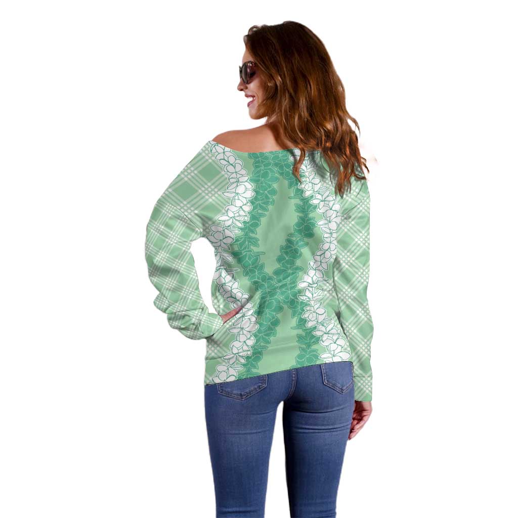 Hawaii Aloha Plumeria Lei Mint Palaka Off Shoulder Sweater - Polynesian Pride