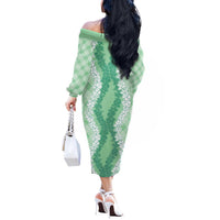 Hawaii Aloha Plumeria Lei Mint Palaka Off The Shoulder Long Sleeve Dress - Polynesian Pride