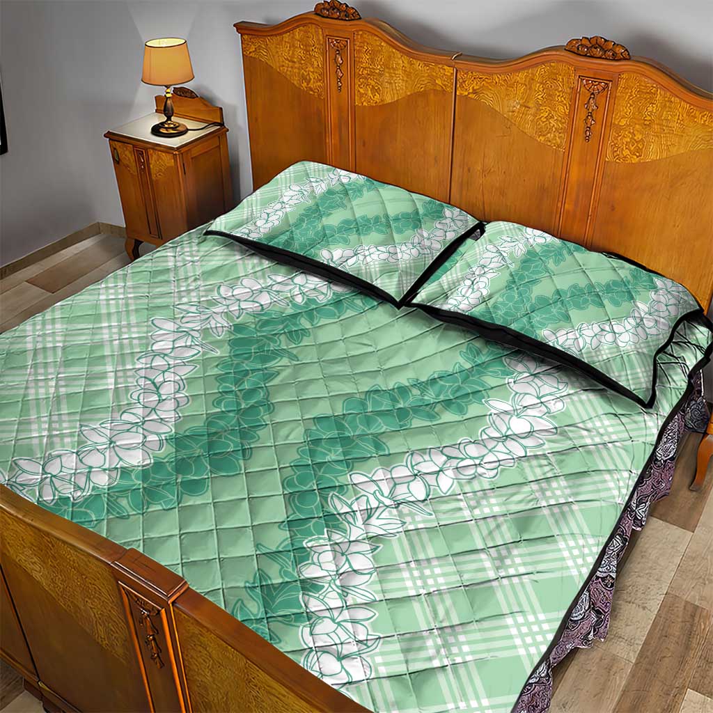 Hawaii Aloha Plumeria Lei Mint Palaka Quilt Bed Set - Polynesian Pride