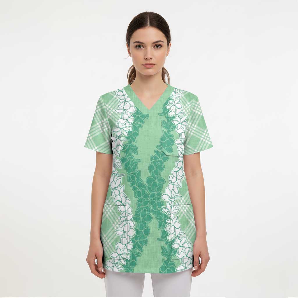 Hawaii Aloha Plumeria Lei Mint Palaka Scrub Top - Polynesian Pride