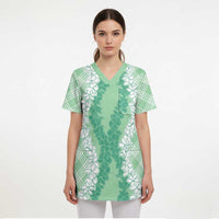 Hawaii Aloha Plumeria Lei Mint Palaka Scrub Top - Polynesian Pride