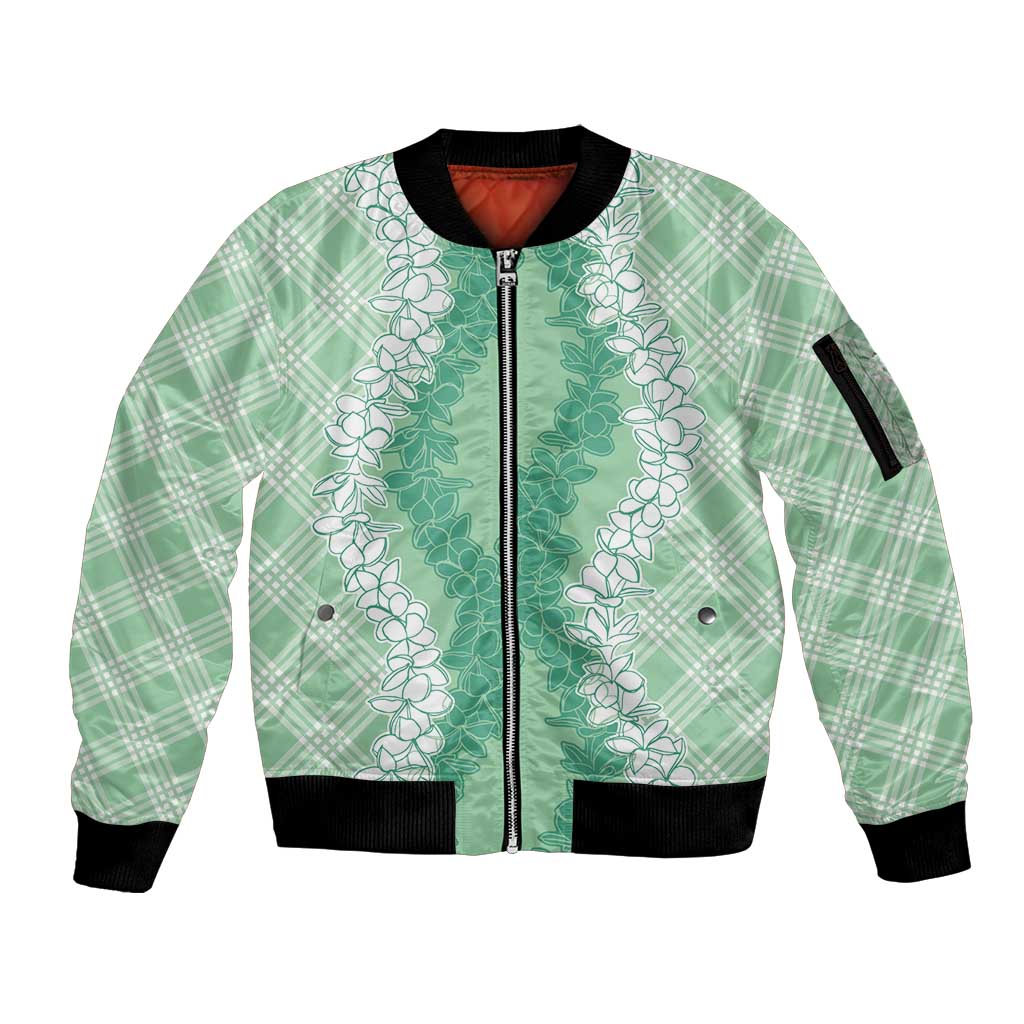 Hawaii Aloha Plumeria Lei Mint Palaka Sleeve Zip Bomber Jacket - Polynesian Pride